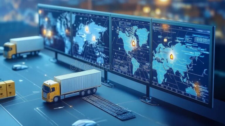 Ngành nghề Logistics nhân viên điều vận Logistics nhân viên điều vận Logistics advanced logistics control room multiple interactive screens explore showcasing maps data analytics efficient 3566294471