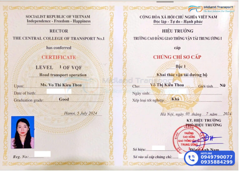vận chuyển trọn gói toàn quốc Chứng chỉ nghiệp vụ khai thác vận tải hàng hóa đường bộ của Công ty Vận Tải Miền Trung
