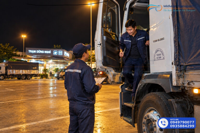 Tài xế cùng chủ hàng mở kiện kiểm tra hàng hóa bên cạnh xe tải trước khi nhận chở Tài xế cùng chủ hàng mở kiện kiểm tra hàng hóa bên cạnh xe tải trước khi nhận chở